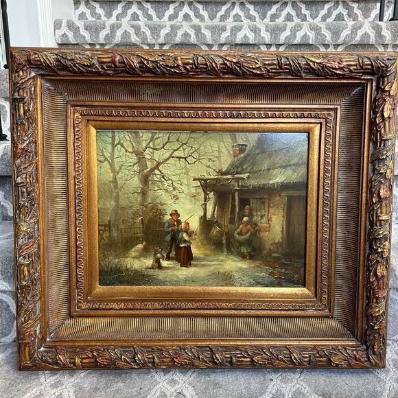Vintage Oil Painting Panel with Large Wood & Gold Ornate Frame Little Musician - Picture 3 of 10